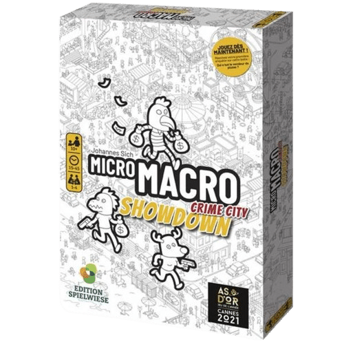 MicroMacro Crime City Showdown : boîte de jeu d'enquête avec ville détaillée en noir et blanc et bandits anthropomorphes.