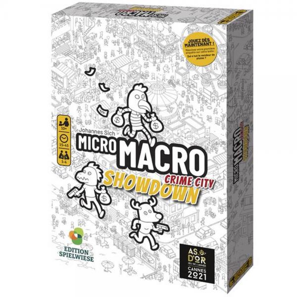 Jeu MicroMacro Crime City Showdown, boîte illustrée noir et blanc avec personnages animaux et logo As d'Or 2021.