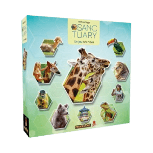 Sanctuary : Un jeu Ark Nova. Boîte illustrée d'une girafe et divers animaux dans des hexagones sur fond vert.