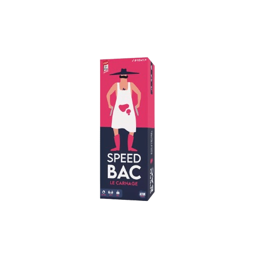 Boîte du jeu Speed Bac Le Carnage avec un boucher moustachu en tablier sur fond rose et bleu.