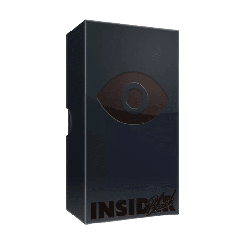 Coffret noir Inside Black avec logo œil central. Design minimaliste, sobre et mystérieux.