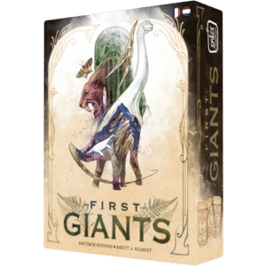 Jeu de société First Giants avec illustrations artistiques de dinosaures, tigre à dents de sabre et ptérosaure.