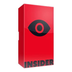 Boîte rouge du jeu de société Insider avec un logo d'œil noir et l'inscription INSIDER en lettres capitales.