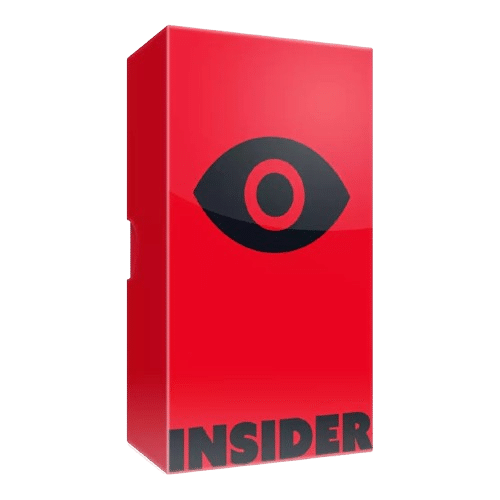 Boîte rouge du jeu de société Insider avec un logo d'œil noir et l'inscription INSIDER en lettres capitales.