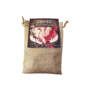 Jeu d'énigme à planter Le secret de la fleur éternelle dans un sac en jute avec un phénix illustré.