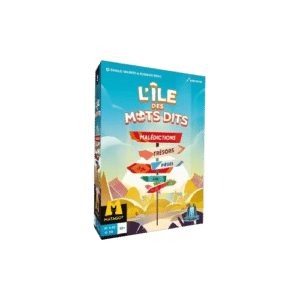 Boîte du jeu L'Île des Mots Dits de Matagot avec des panneaux directionnels : Trésors, Malédictions, Pièges et Eau.