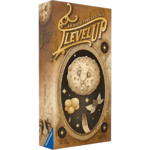 Boîte du jeu Level Up En route vers la lune ! de Ravensburger avec une lune triste au style steampunk vintage.