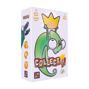 Boîte du jeu Collect! avec un caméléon portant une couronne. Jeu de société CMON pour 2 à 5 joueurs dès 8 ans.