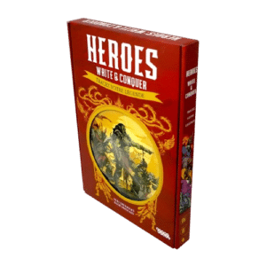 Boîte du jeu de société Heroes Write & Conquer rouge, illustration de guerriers orcs, texte Tracez votre légende.