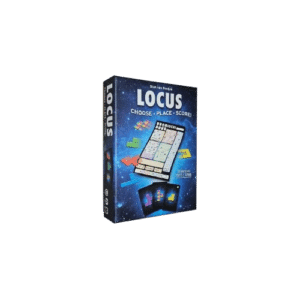 Boîte du jeu Locus : Choose, Place, Score! Puzzle stratégique de Stan van Rooy avec pièces colorées sur fond galaxie.