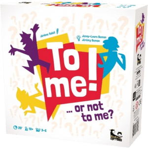 Jeu de société To me! ... or not to me? Bankiiiz Editions. Silhouettes colorées et points d'interrogation.