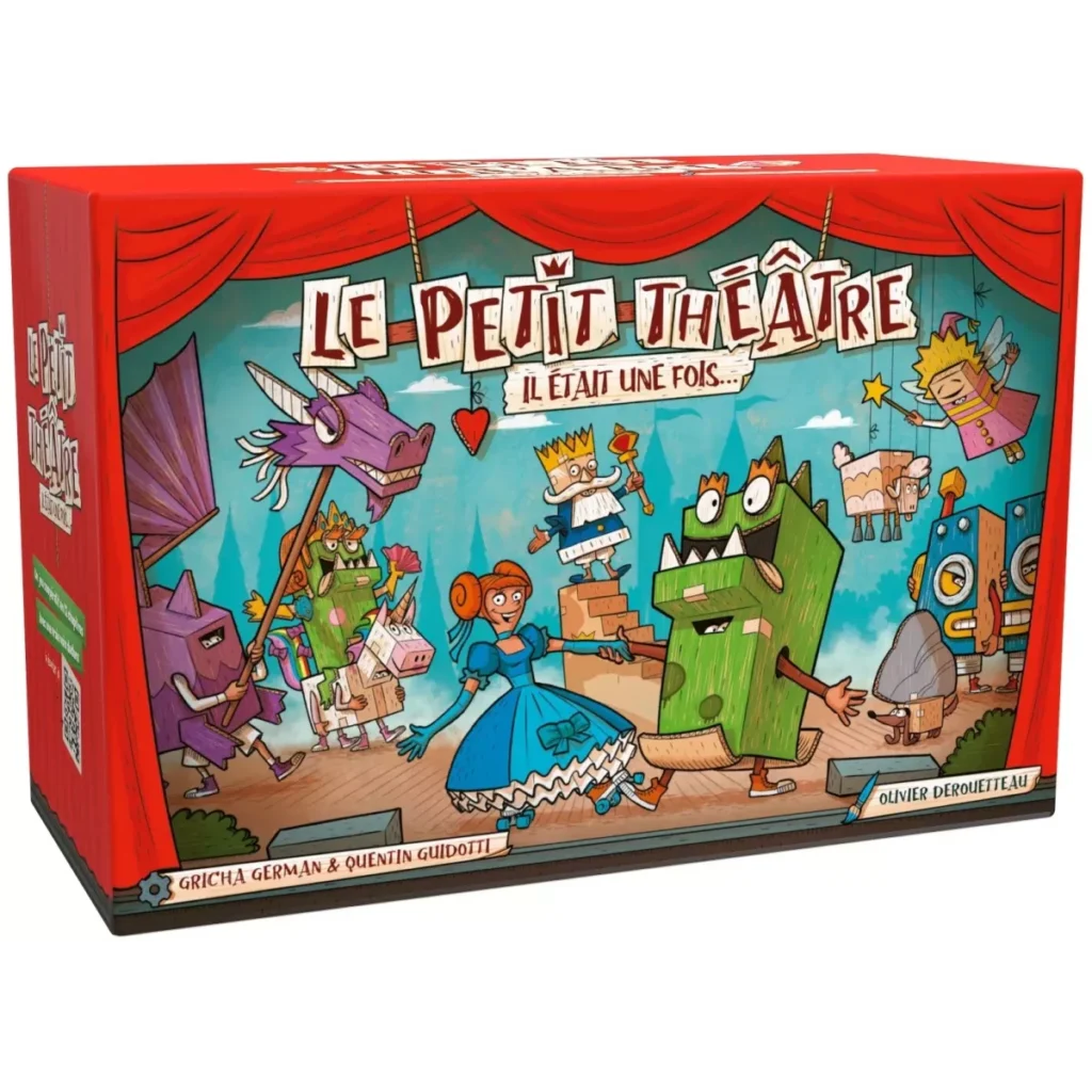 Jeu de société Le Petit Théâtre Il Était Une Fois, personnages de contes sur scène avec rideaux rouges.