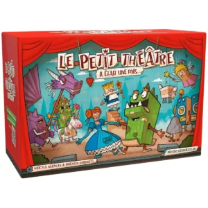 Jeu de société Le Petit Théâtre Il Était Une Fois, personnages de contes sur scène avec rideaux rouges.