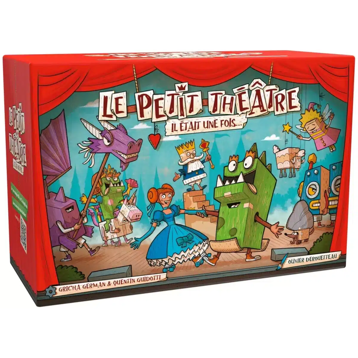 Jeu de société Le Petit Théâtre Il Était Une Fois, personnages de contes sur scène avec rideaux rouges.
