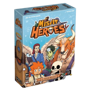 Misfit Heroes : Les Supers Décalés ! Boîte de jeu de société illustrée avec des personnages fantastiques colorés.