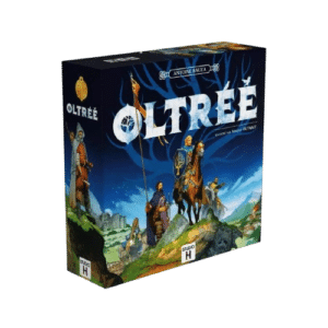 Boîte du jeu de société Oltrée d'Antoine Bauza. Illustration de héros fantasy devant un paysage médiéval et un château.