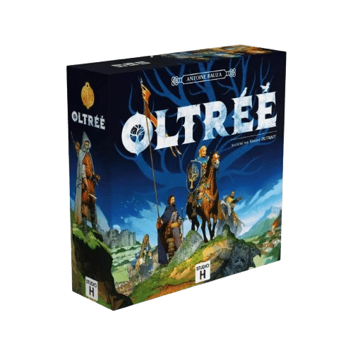 Boîte du jeu de société Oltrée d'Antoine Bauza. Illustration de héros fantasy devant un paysage médiéval et un château.