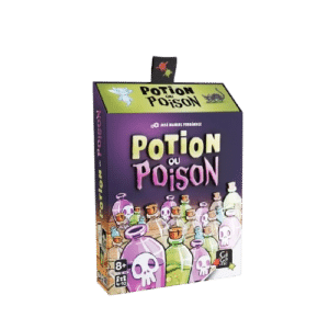 Boîte du jeu Potion ou Poison de Gigamic, illustrée de nombreuses fioles colorées et têtes de mort, pour 4-10 joueurs.