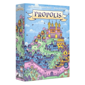 Jeu de société Propolis : cité de ruches colorée. Par Johnson, Melvin et Stankewich. Logos AEG et Flatout Games.