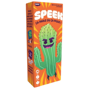 Boîte orange du jeu Speek : ça parle ou ça pique ! Illustrée d'un cactus souriant pour des défis de mots.