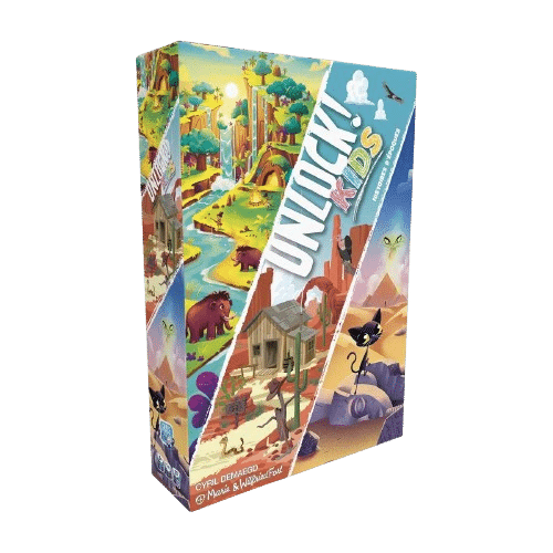 Boîte du jeu Unlock! Kids Histoires d'Époques illustrant la préhistoire, le Far West et l'Égypte ancienne.