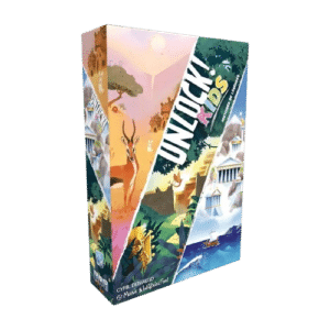 Jeu de société Unlock! Kids Histoires de Légendes illustrant savane, jungle maya et Grèce antique pour enfants.