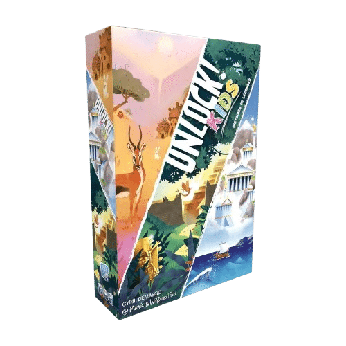 Jeu de société Unlock! Kids Histoires de Légendes illustrant savane, jungle maya et Grèce antique pour enfants.