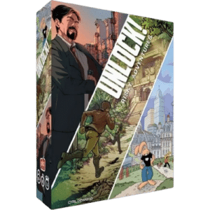 Boîte Unlock! Risky Adventures illustrant trois enquêtes : un espion, une course en jungle et un lapin en ville.