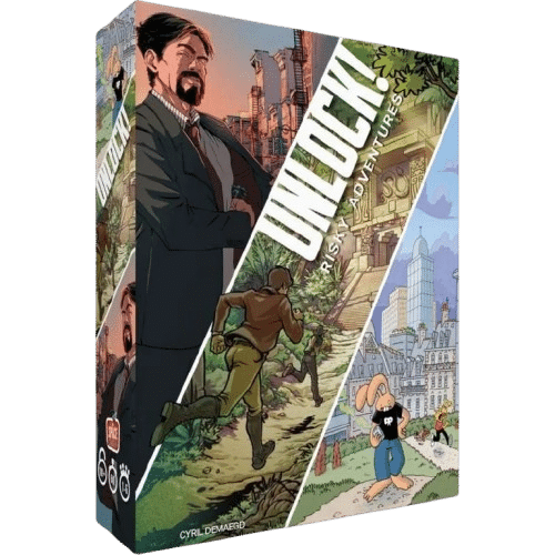 Boîte Unlock! Risky Adventures illustrant trois enquêtes : un espion, une course en jungle et un lapin en ville.