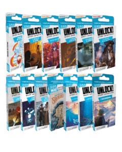 12 boîtes de jeux Unlock! Short Adventures : escape games thématiques comme Sherlock, la Momie et Panique en Cuisine.