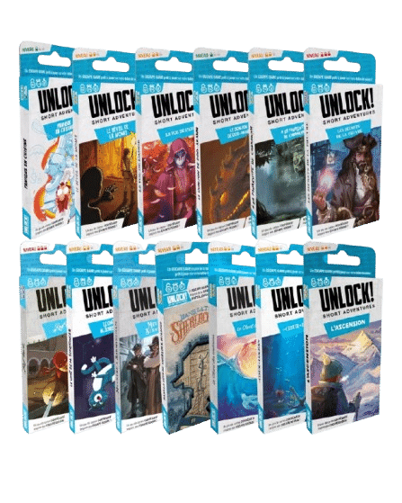 12 boîtes de jeux Unlock! Short Adventures : escape games thématiques comme Sherlock, la Momie et Panique en Cuisine.