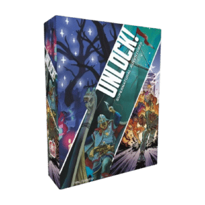 Boîte du jeu Unlock! Supernatural Adventures avec un guerrier viking, une forêt hantée et des super-héros en action.