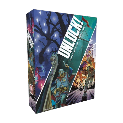 Boîte du jeu Unlock! Supernatural Adventures avec un guerrier viking, une forêt hantée et des super-héros en action.