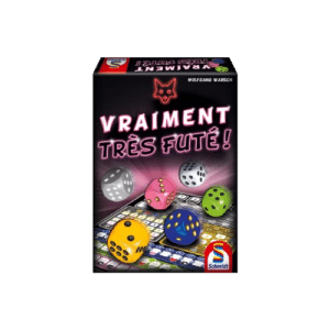 Boîte du jeu de société Vraiment Très Futé ! de Wolfgang Warsch, dés colorés sur fond noir et logo Schmidt.