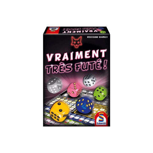 Boîte du jeu de société Vraiment Très Futé ! de Wolfgang Warsch, dés colorés sur fond noir et logo Schmidt.