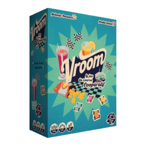 Jeu de société Vroom : le jeu de course coopératif rétro d'Antonin Boccara et Amélie Guinel avec snacks et petites voitures.
