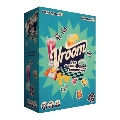 Jeu de société Vroom : le jeu de course coopératif rétro d'Antonin Boccara et Amélie Guinel avec snacks et petites voitures.