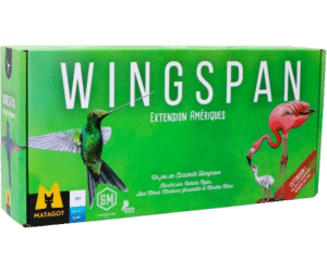 Boîte de Wingspan Extension Amériques illustrée d'un colibri et d'un flamant rose sur fond vert vibrant.