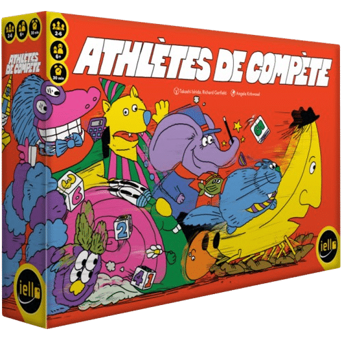 Boîte de jeu Athlètes de Compète Iello : personnages cartoon colorés en pleine course.