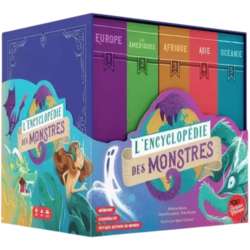 Jeu L'Encyclopédie des monstres : coffret de 5 volumes illustrés avec dragon, sirène et fantôme.