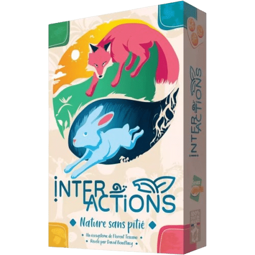 Boîte du jeu Interactions Nature sans pitié avec un renard rose et un lapin bleu bondissant.