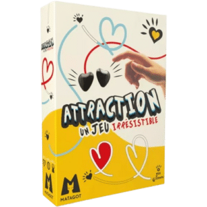 Jeu de société Attraction Matagot : aimants noirs, main et illustrations de cœurs. Un jeu irrésistible.