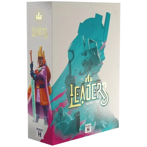 Boîte du jeu Leaders par Studio H avec une reine guerrière et une silhouette de souverain turquoise.