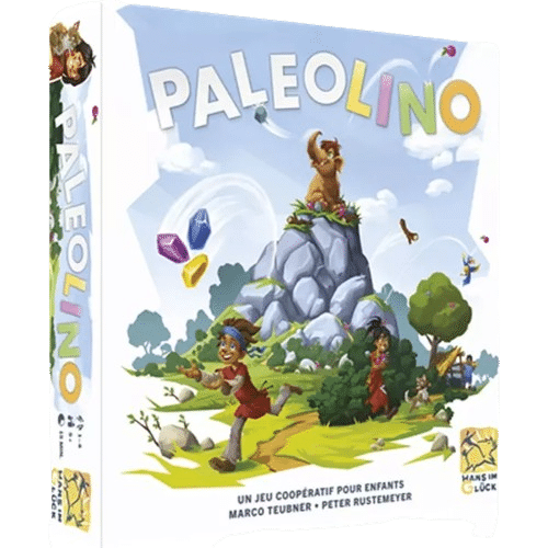 Boîte du jeu Paleolino : jeu coopératif pour enfants avec personnages préhistoriques, mammouth et gemmes colorées.