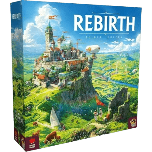 Rebirth par Reiner Knizia : boîte de jeu montrant une cité futuriste sur falaise et un paysage verdoyant.