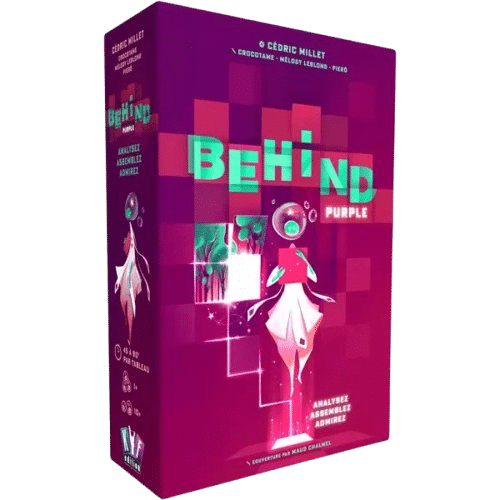 Boîte du jeu Behind Purple de Cédric Millet. Design violet onirique. Analysez, assemblez, admirez.
