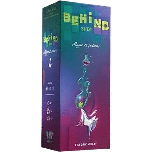 Jeu Behind the Shot : Magie et potions, boîte illustrant une fiole magique sur fond violet et bleu dégradé.