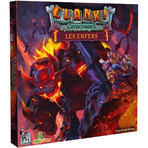 Jeu Clank! Catacombes Les Enfers : aventuriers fuyant un monstre de feu dans des catacombes.