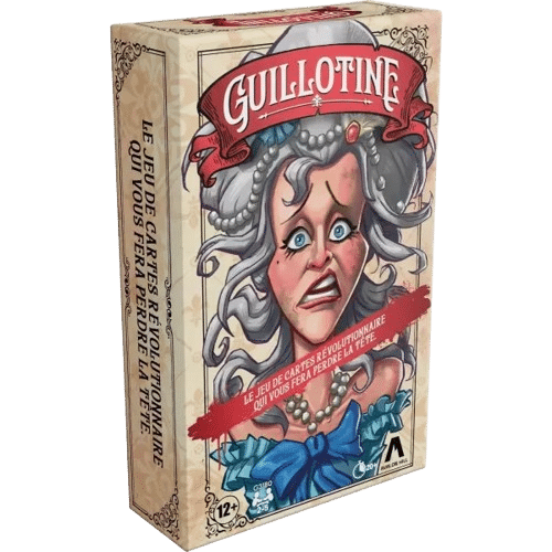 Jeu Guillotine : boîte avec noble terrifiée. Texte : Le jeu révolutionnaire qui vous fera perdre la tête.