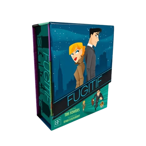 Boîte du jeu Fugitif de Tim Fowers. Duo d'espions stylisés devant une ville nocturne. Illustration de Ryan Goldsberry.